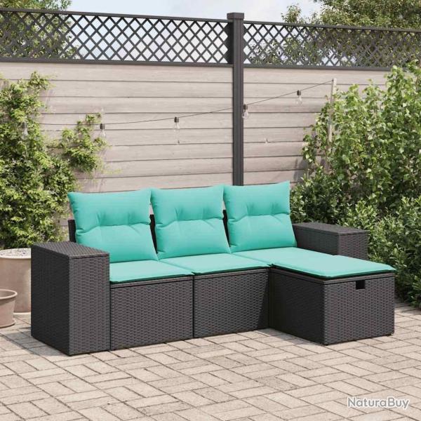 Salon de jardin 4 pcs avec coussins noir r�sine tress�e