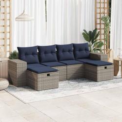 Salon de jardin 6 pcs avec coussins gris r&eacute;sine tress&eacute;e