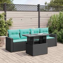 Salon de jardin 5 pcs avec coussins noir r&eacute;sine tress&eacute;e acacia
