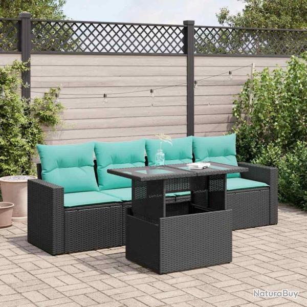 Salon de jardin 5 pcs avec coussins noir r�sine tress�e acacia