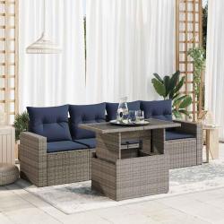 Salon de jardin 5 pcs avec coussins gris r&eacute;sine tress&eacute;e acacia