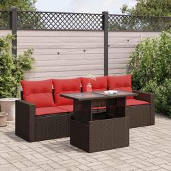 Salon de jardin avec coussins 5pcs marron r&eacute;sine tress&eacute;e acacia