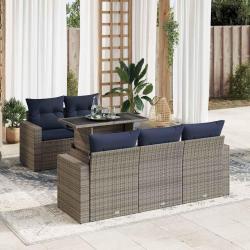 Salon de jardin avec coussins 6 pcs gris r&eacute;sine tress&eacute;e acacia