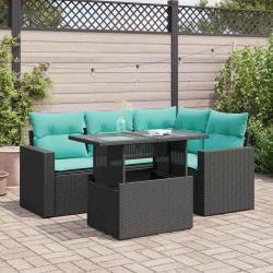 Salon de jardin 5 pcs avec coussins noir r&eacute;sine tress&eacute;e acacia