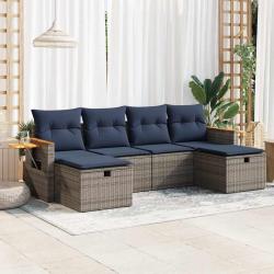 Salon de jardin 6 pcs avec coussins gris r&eacute;sine tress&eacute;e