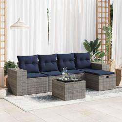Salon de jardin 6 pcs avec coussins gris r&eacute;sine tress&eacute;e