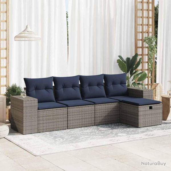 Salon de jardin 5 pcs avec coussins gris r�sine tress�e