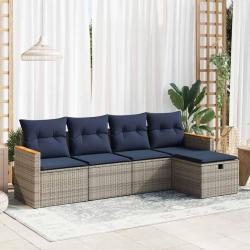Salon de jardin 5 pcs avec coussins gris r&eacute;sine tress&eacute;e