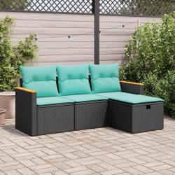 Salon de jardin 4 pcs avec coussins noir r&eacute;sine tress&eacute;e