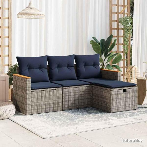 Salon de jardin 4 pcs avec coussins gris r�sine tress�e