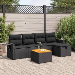 Salon de jardin 6 pcs avec coussins noir r&eacute;sine tress&eacute;e