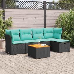 Salon de jardin 6 pcs avec coussins noir r&eacute;sine tress&eacute;e
