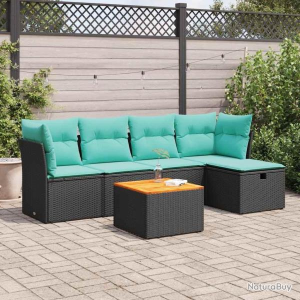Salon de jardin 6 pcs avec coussins noir r�sine tress�e