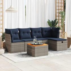 Salon de jardin 6 pcs avec coussins gris r&eacute;sine tress&eacute;e