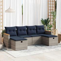 Salon de jardin 6 pcs avec coussins gris r&eacute;sine tress&eacute;e