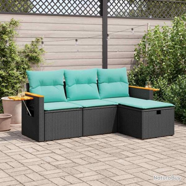 Salon de jardin 4 pcs avec coussins noir r�sine tress�e