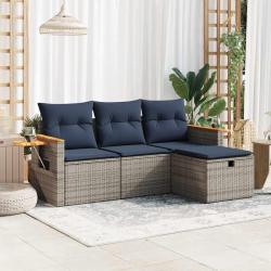 Salon de jardin 4 pcs avec coussins gris r&eacute;sine tress&eacute;e