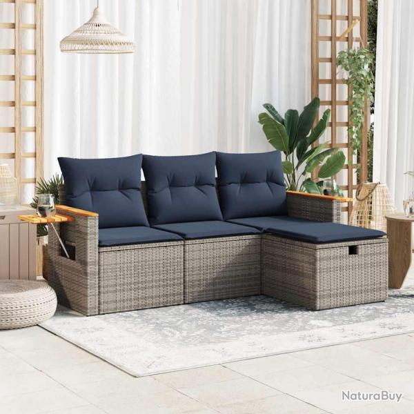 Salon de jardin 4 pcs avec coussins gris r�sine tress�e