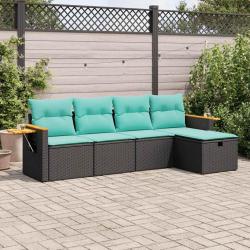 Salon de jardin 5 pcs avec coussins noir r&eacute;sine tress&eacute;e
