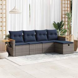 Salon de jardin 5 pcs avec coussins gris r&eacute;sine tress&eacute;e