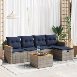 Salon de jardin 6 pcs avec coussins gris r&eacute;sine tress&eacute;e