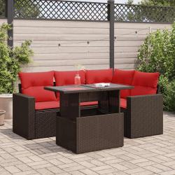 Salon de jardin avec coussins 5pcs marron r&eacute;sine tress&eacute;e acacia