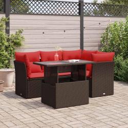 Salon de jardin avec coussins 5pcs marron r&eacute;sine tress&eacute;e acacia