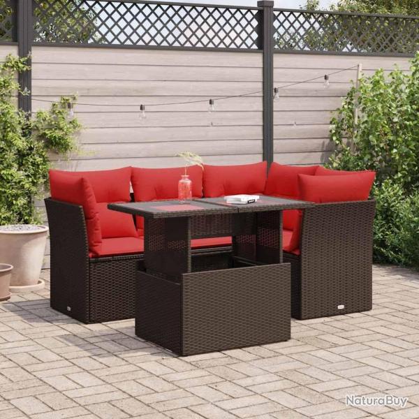 Salon de jardin avec coussins 5pcs marron r�sine tress�e acacia