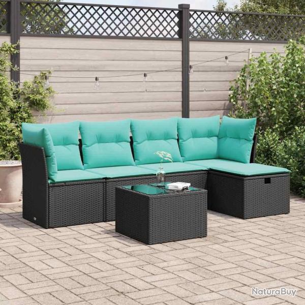 Salon de jardin 6 pcs avec coussins noir r�sine tress�e