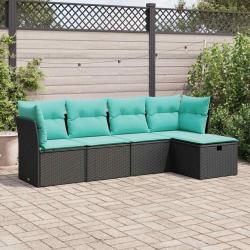 Salon de jardin 5 pcs avec coussins noir r&eacute;sine tress&eacute;e