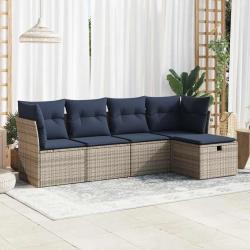 Salon de jardin 5 pcs avec coussins gris r&eacute;sine tress&eacute;e