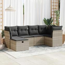Salon de jardin 6 pcs avec coussins gris clair r&eacute;sine tress&eacute;e
