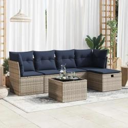 Salon de jardin 6 pcs avec coussins gris r&eacute;sine tress&eacute;e