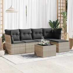 Salon de jardin 6 pcs avec coussins gris clair r&eacute;sine tress&eacute;e