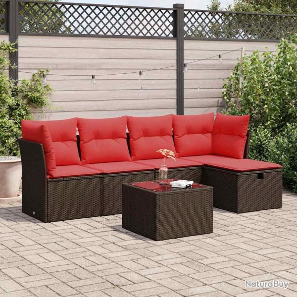 Salon de jardin avec coussins 6 pcs marron r�sine tress�e