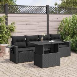 Salon de jardin 5 pcs avec coussins noir r&eacute;sine tress&eacute;e