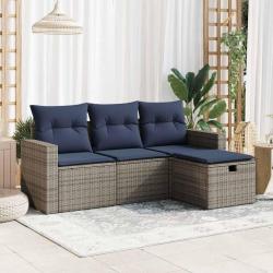 Salon de jardin 4 pcs avec coussins gris r&eacute;sine tress&eacute;e