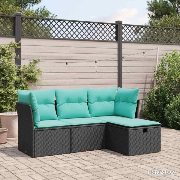 Salon de jardin 4 pcs avec coussins noir r�sine tress�e