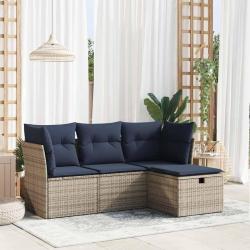 Salon de jardin 4 pcs avec coussins gris r&eacute;sine tress&eacute;e