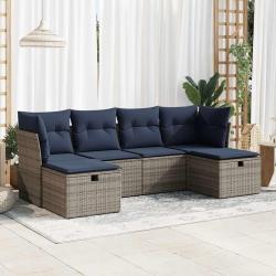 Salon de jardin 6 pcs avec coussins gris r&eacute;sine tress&eacute;e