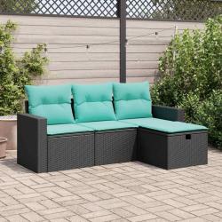 Salon de jardin 4 pcs avec coussins noir r&eacute;sine tress&eacute;e