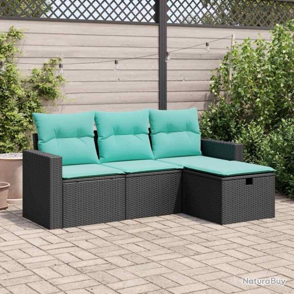 Salon de jardin 4 pcs avec coussins noir r�sine tress�e