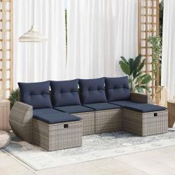 Salon de jardin 6 pcs avec coussins gris r&eacute;sine tress&eacute;e