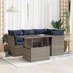 Salon de jardin 5 pcs avec coussins gris r&eacute;sine tress&eacute;e acacia