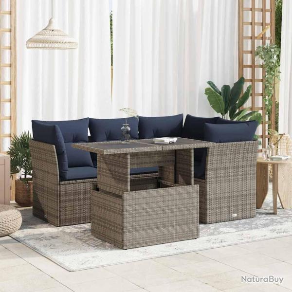 Salon de jardin 5 pcs avec coussins gris r�sine tress�e acacia
