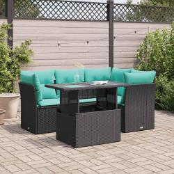 Salon de jardin 5 pcs avec coussins noir r&eacute;sine tress&eacute;e acacia