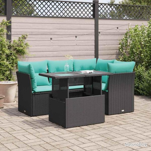 Salon de jardin 5 pcs avec coussins noir r�sine tress�e acacia