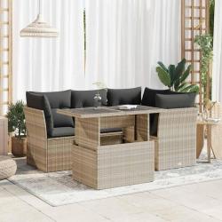 Salon de jardin 5 pcs avec coussins gris clair r&eacute;sine tress&eacute;e