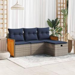 Salon de jardin 4 pcs avec coussins gris r&eacute;sine tress&eacute;e