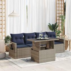 Salon de jardin 5 pcs avec coussins gris r&eacute;sine tress&eacute;e